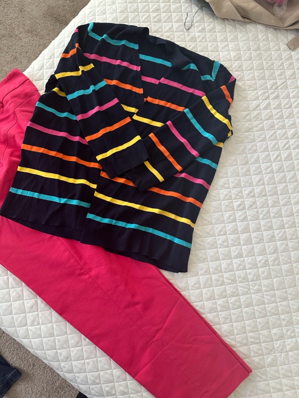 Dk Navy Striped Cardigan with Bright Multicolor Stripes and Hot Pink Crop Pants